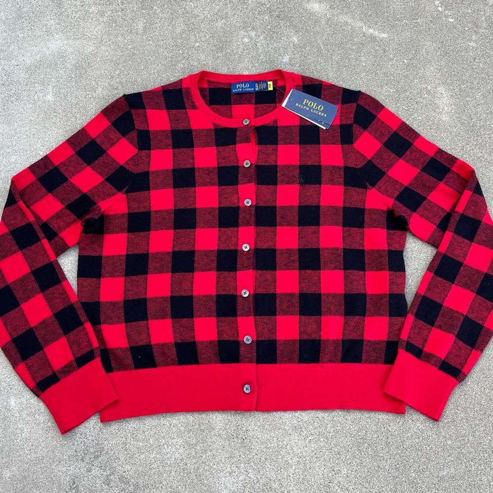 NWT Polo Ralph Lauren Plaid Cotton Wool Cardigan Sweater Women’s Size XL